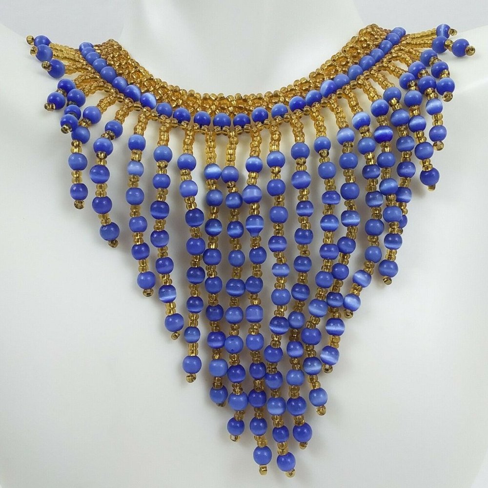 vintage Blue Cats Eye Glass Seed Bead Necklace choker gold bib collar fr…